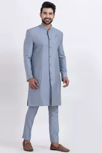 Grey banarasi dhupion silk premium designer festive wear indo western set