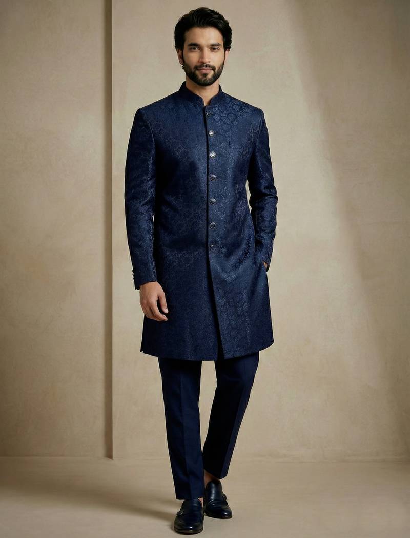 Navy blue donier jacquard premium designer festive wear indo western set