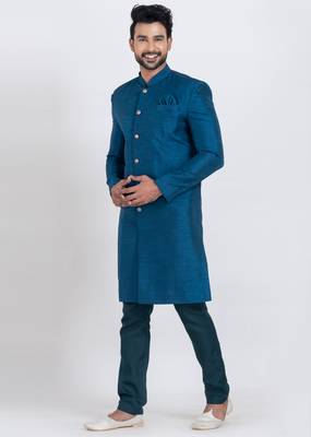 Teal blue banarasi dhupion silk premium designer festive wear indo western set 3