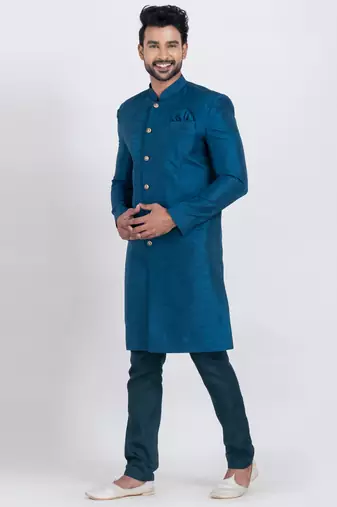 Teal blue banarasi dhupion silk premium designer festive wear indo western set