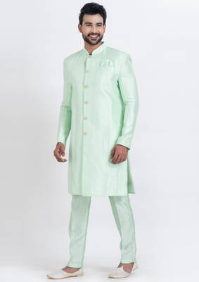 Light green banarasi dhupion silk premium designer festive wear indo western set 3