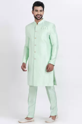 Light green banarasi dhupion silk premium designer festive wear indo western set