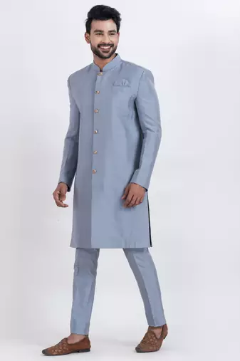 Grey banarasi dhupion silk premium designer festive wear indo western set