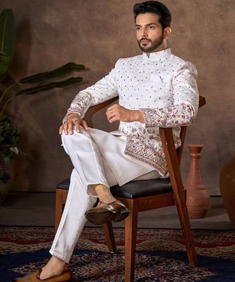 White premium silk premium designer festive wear kurta trouser with jacket set 2