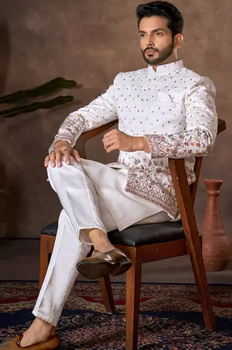 White premium silk premium designer festive wear kurta trouser with jacket set
