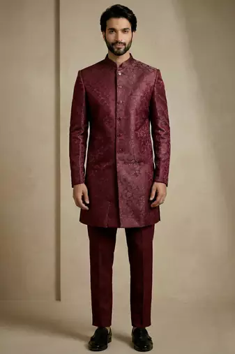 Dark maroon donier jacquard premium designer festive wear indo western set