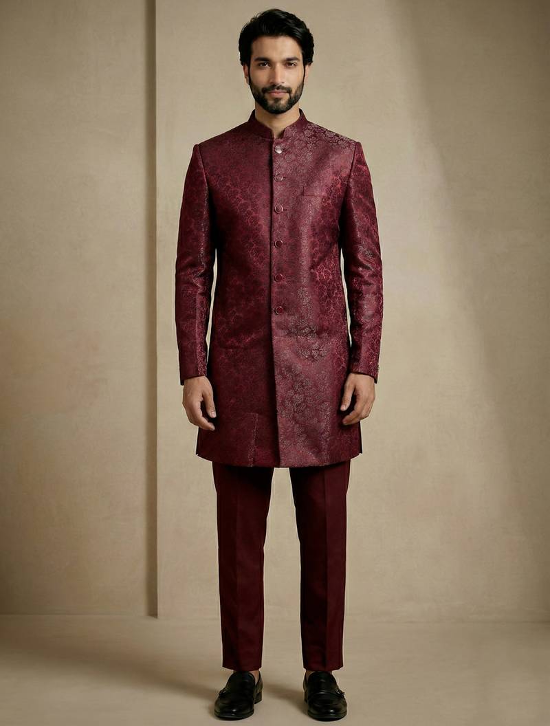 Dark maroon donier jacquard premium designer festive wear indo western set