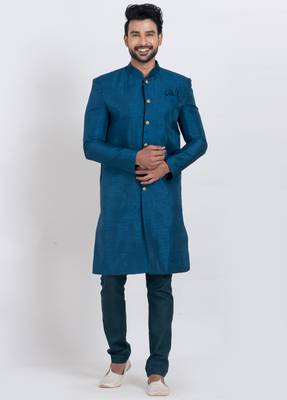 Teal blue banarasi dhupion silk premium designer festive wear indo western set 4