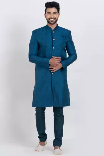 Teal blue banarasi dhupion silk premium designer festive wear indo western set