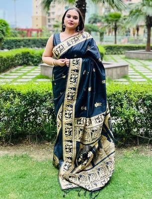 Black silk blend woven zari work saree with blouse 1