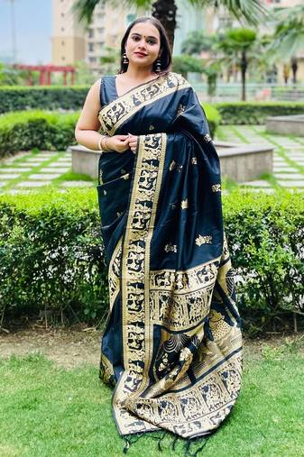 Black silk blend woven zari work saree with blouse