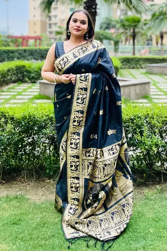 Black silk blend woven zari work saree with blouse