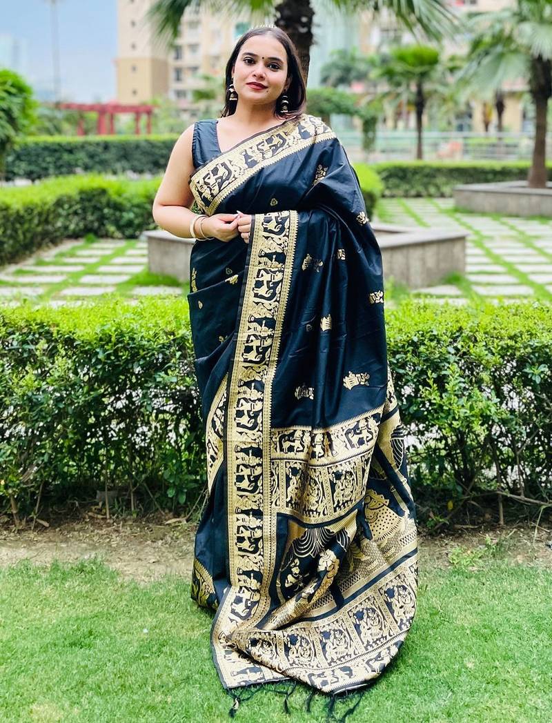 Black silk blend woven zari work saree with blouse