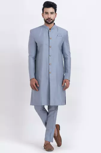Grey banarasi dhupion silk premium designer festive wear indo western set