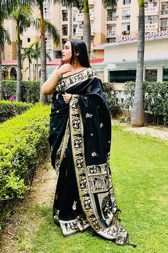 Black silk blend woven zari work saree with blouse