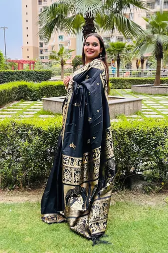 Black silk blend woven zari work saree with blouse