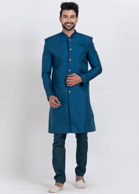Teal blue banarasi dhupion silk premium designer festive wear indo western set 5