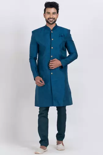 Teal blue banarasi dhupion silk premium designer festive wear indo western set
