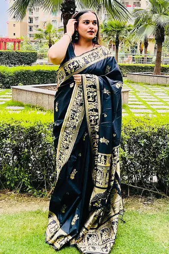 Black silk blend woven zari work saree with blouse