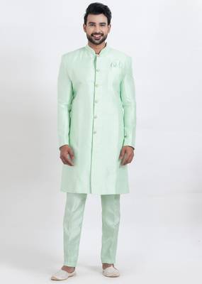 Light green banarasi dhupion silk premium designer festive wear indo western set 4