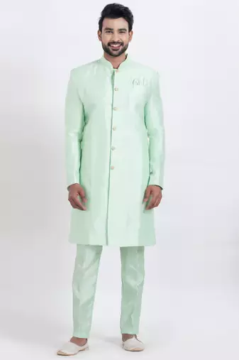 Light green banarasi dhupion silk premium designer festive wear indo western set