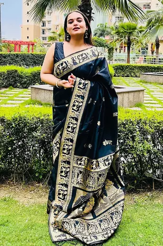 Black silk blend woven zari work saree with blouse