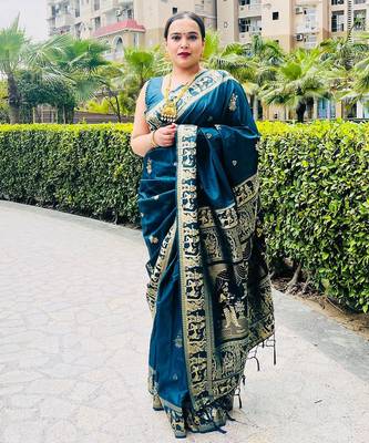 Light blue silk blend woven zari work saree with blouse 1