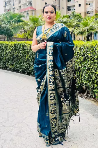 Light blue silk blend woven zari work saree with blouse