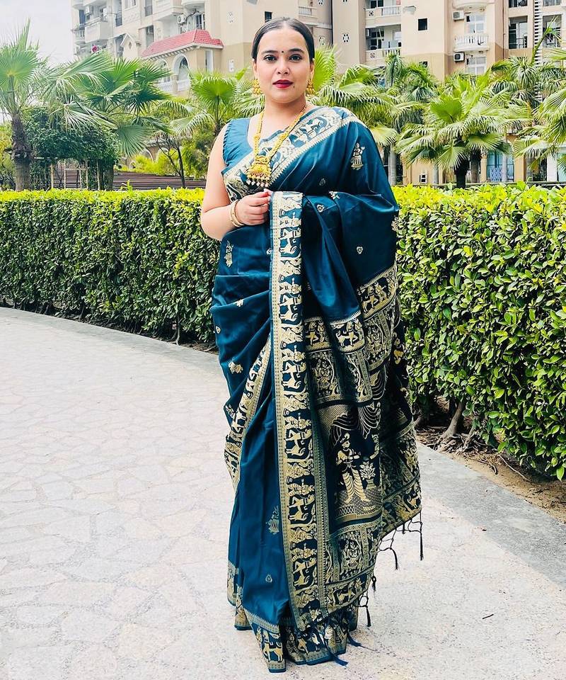 Light blue silk blend woven zari work saree with blouse