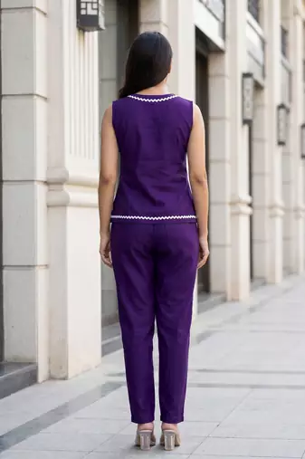 Indigo Contrast Lace Work Sleeveless Top with Pant Casual Office Wear Stylish Co ord Set