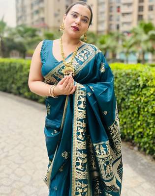 Light blue silk blend woven zari work saree with blouse 2