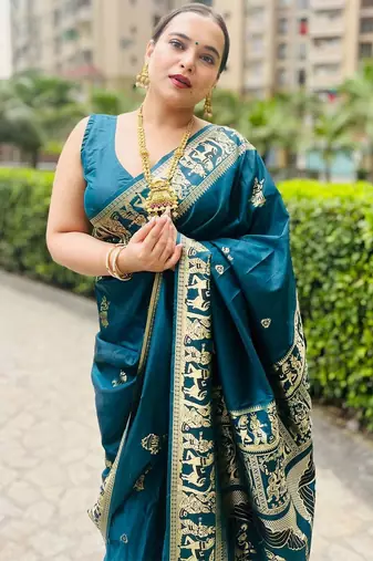 Light blue silk blend woven zari work saree with blouse