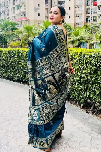 Light blue silk blend woven zari work saree with blouse