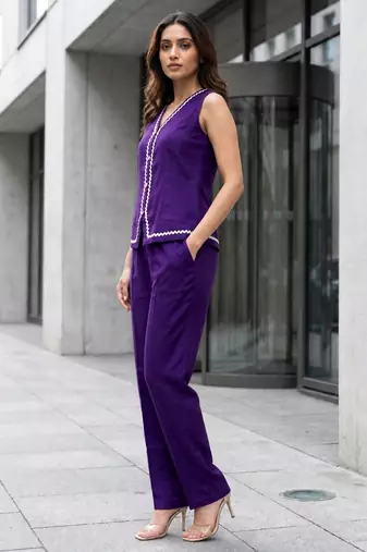 Indigo Contrast Lace Work Sleeveless Top with Pant Casual Office Wear Stylish Co ord Set