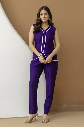 Indigo Contrast Lace Work Sleeveless Top with Pant Casual Office Wear Stylish Co ord Set