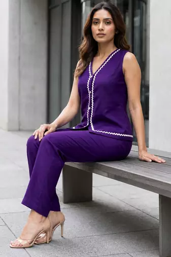 Indigo Contrast Lace Work Sleeveless Top with Pant Casual Office Wear Stylish Co ord Set