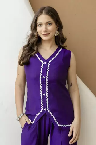 Indigo Contrast Lace Work Sleeveless Top with Pant Casual Office Wear Stylish Co ord Set