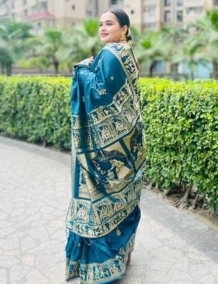 Light blue silk blend woven zari work saree with blouse 4