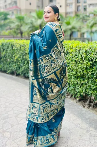 Light blue silk blend woven zari work saree with blouse