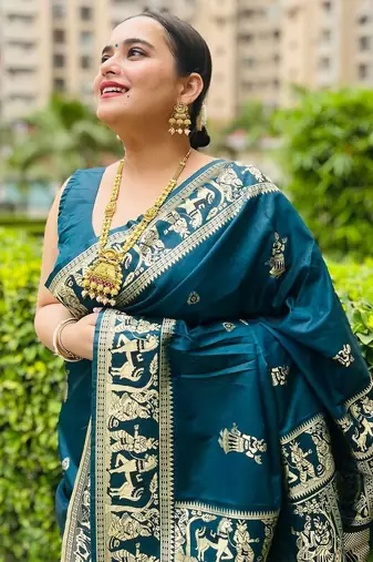 Light blue silk blend woven zari work saree with blouse