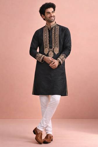 Black color rolex silk fabric designer kurta payjama for men