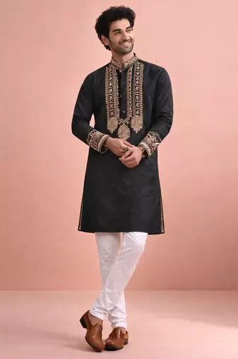 Black color rolex silk fabric designer kurta payjama for men
