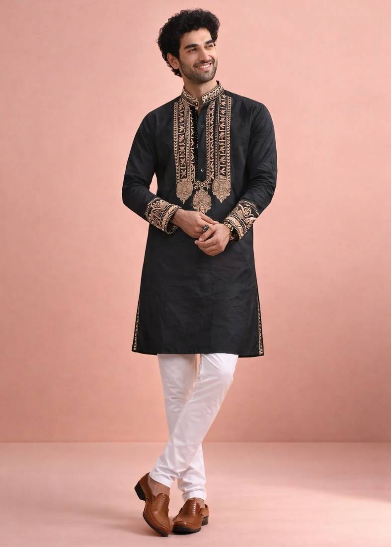 Black color rolex silk fabric designer kurta payjama for men