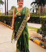 Dark green silk blend woven zari work saree with blouse