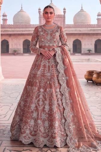 Peach net semi stitched anarkali suit with embroidery & diamond work