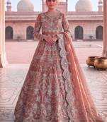 Peach net semi stitched anarkali suit with embroidery & diamond work
