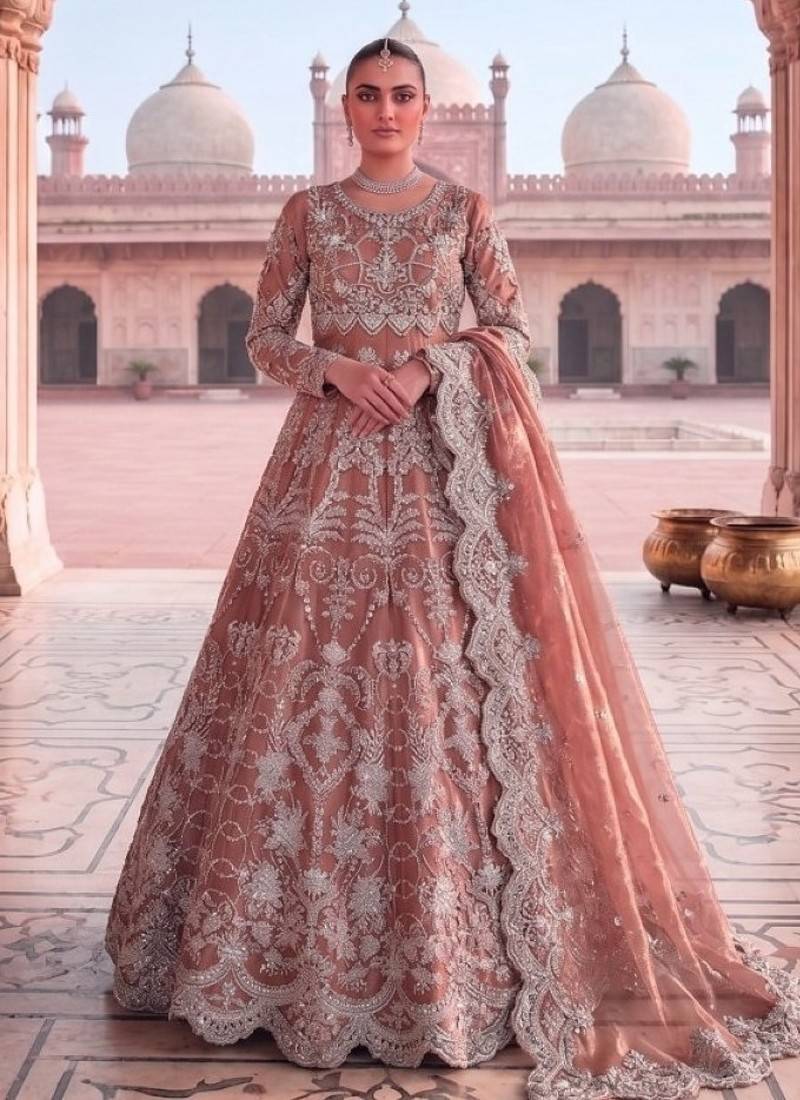 Peach net semi stitched anarkali suit with embroidery & diamond work