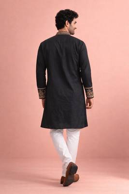 Black color rolex silk fabric designer kurta payjama for men 2
