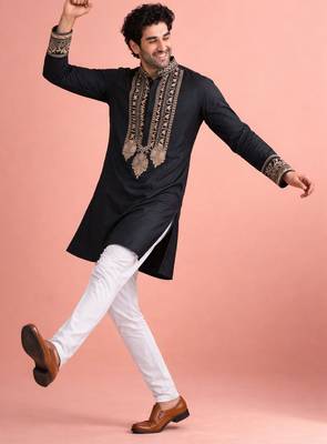 Black color rolex silk fabric designer kurta payjama for men 3