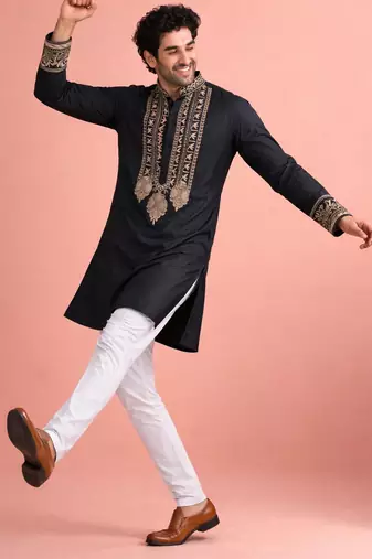 Black color rolex silk fabric designer kurta payjama for men